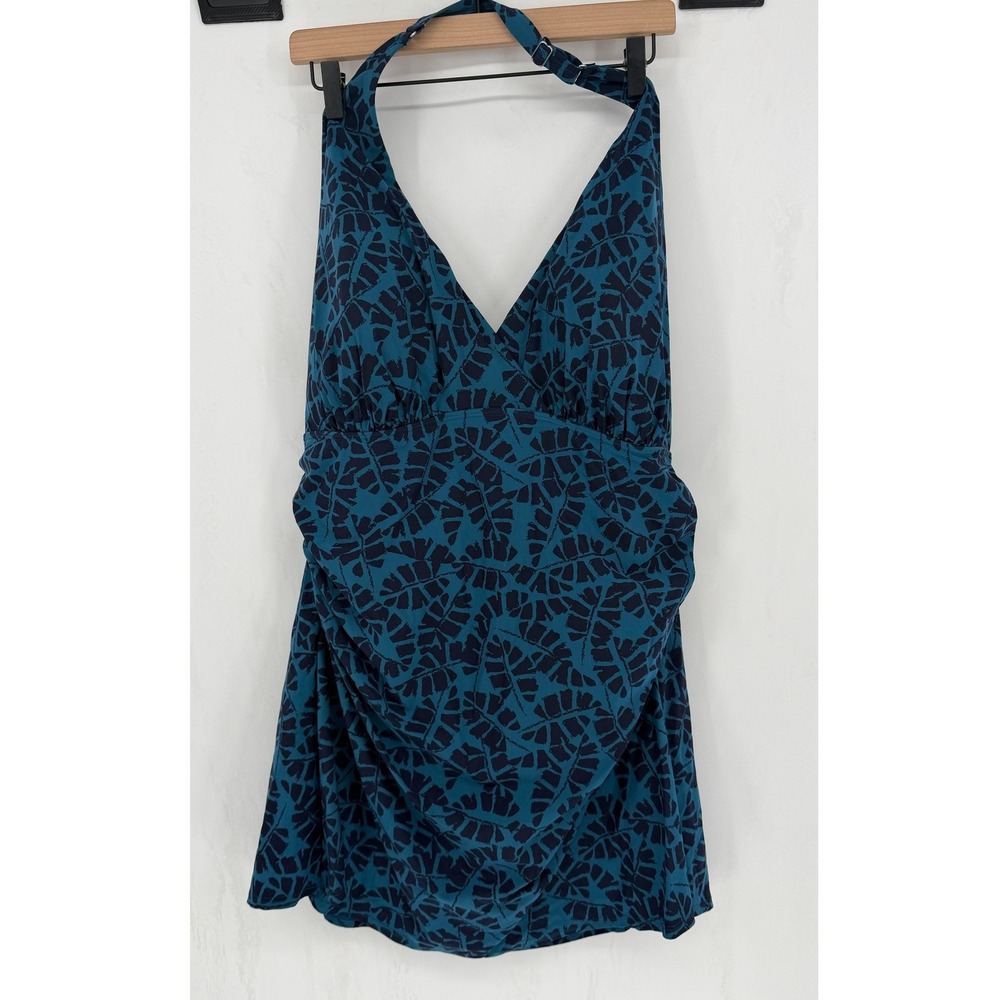 L.L.Bean Swim Dress Women 22W Plus Blue Leaf Print Halter Neck UPF 50+ Swimwear